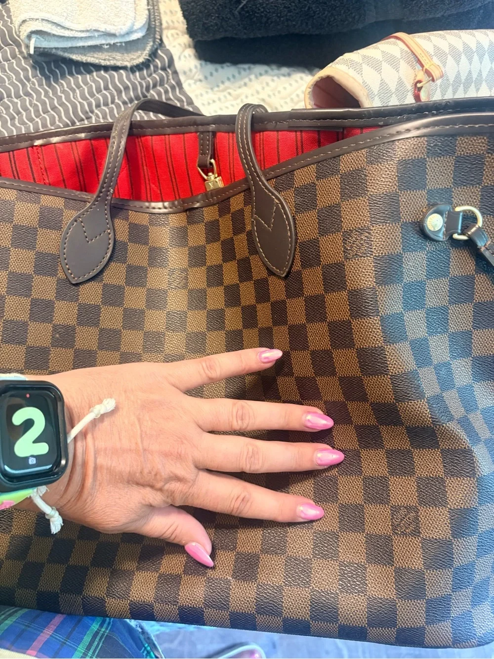 Designer-Style Brown Checkered Tote Bag with Red Interior